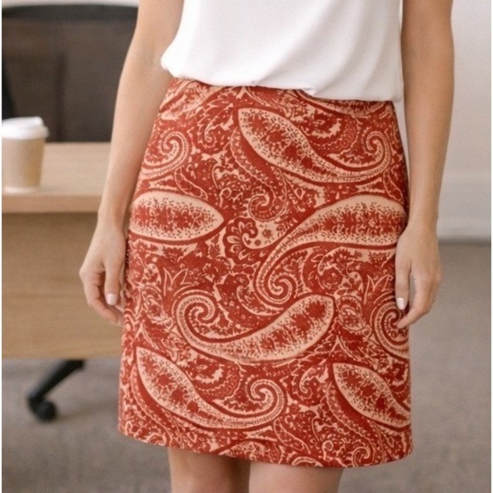 J. Crew Women's Size 12 Paisley‎ Print Pencil Skirt Red Tan Cotton Blend